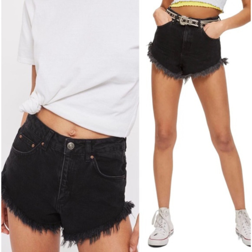 Topshop Kiri Moto‎ Fray Hem Women's Cutoff Shorts in Black Size 2